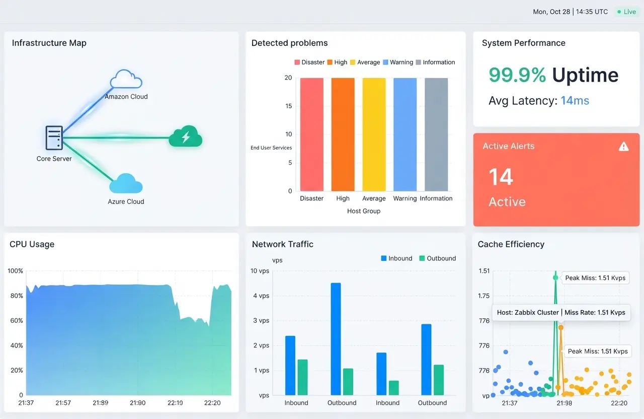 Beispiel eines Monitoring-Dashboards: Infrastrukturkarte, Verfügbarkeit 99,9 %, aktive Alerts und Systemauslastung in Echtzeit