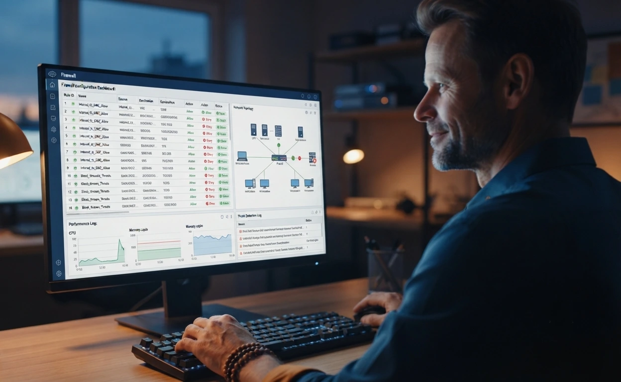 Techniker von IT HILFE konfiguriert die Firewall nach Sicherheitsnormen