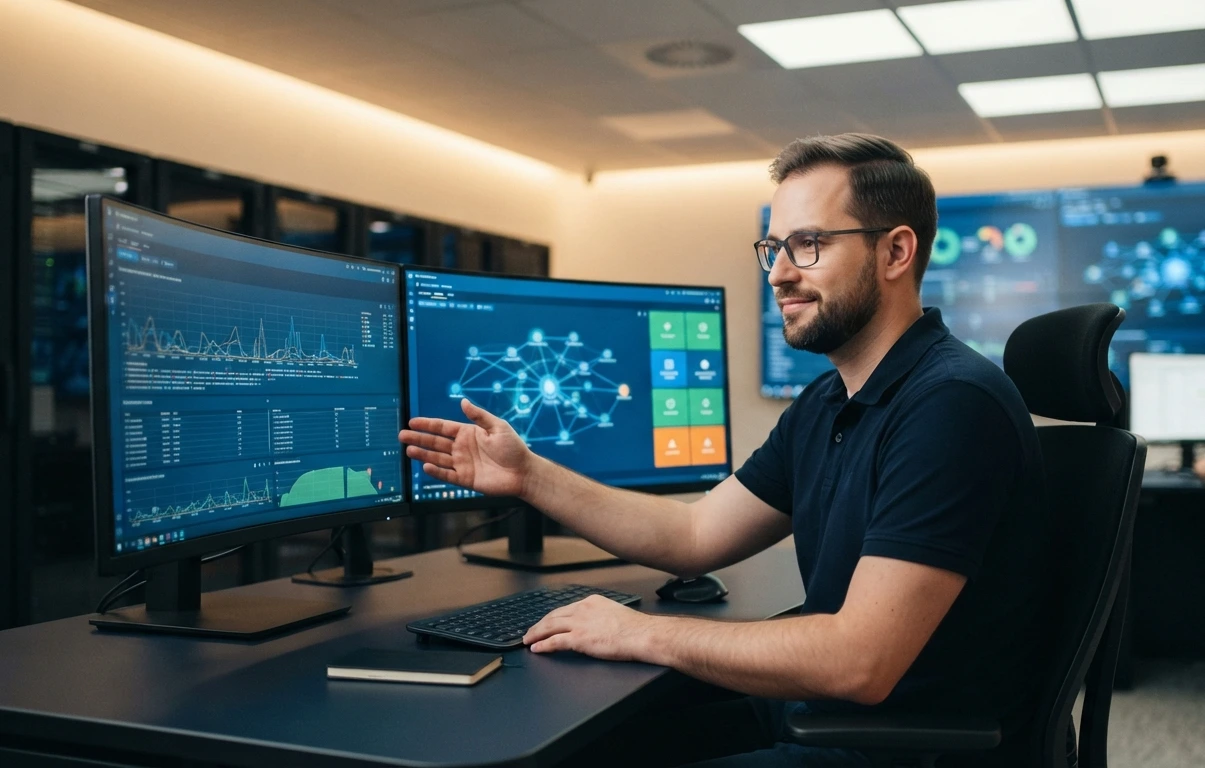 Techniker von IT HILFE bei der Kontrolle von Netzwerkelementen im Serverraum während eines IT-Audits
