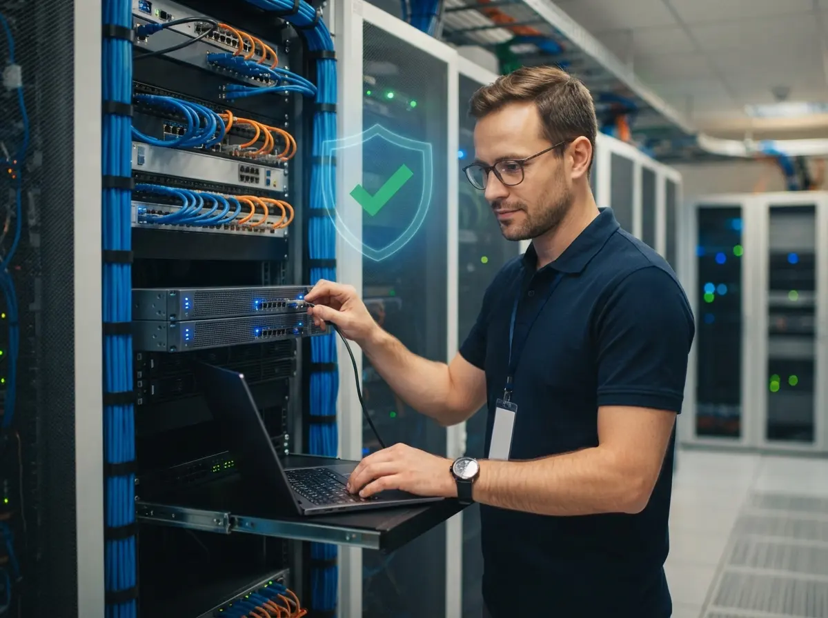 Spezialist von IT HILFE beim Penetrationstest eines Firmennetzwerks im Serverraum