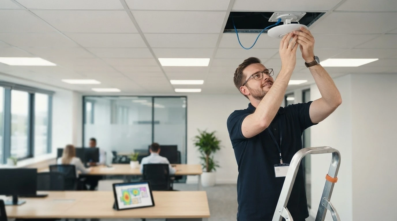 IT HILFE Techniker montiert einen WLAN Access Point an der Bürodecke