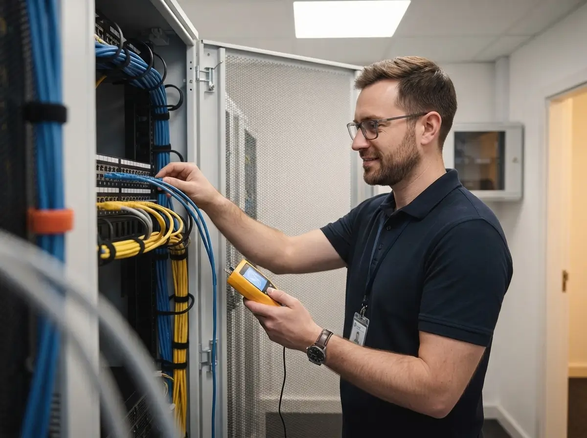IT HILFE Techniker misst strukturierte Verkabelung mit einem Tester im Rack