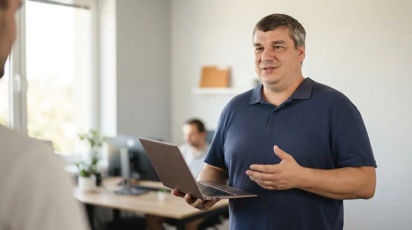 IT HILFE Techniker mit Notebook bei der Einrichtung von Cloud-Diensten für ein Unternehmen